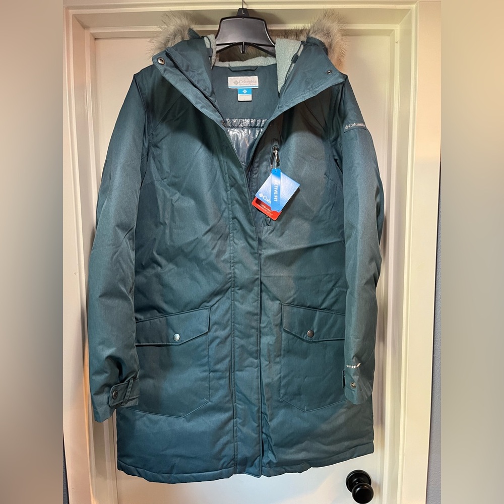 Womens Large Columbia Suttle Mountain Long Insulated Jacket Everblue Hood New